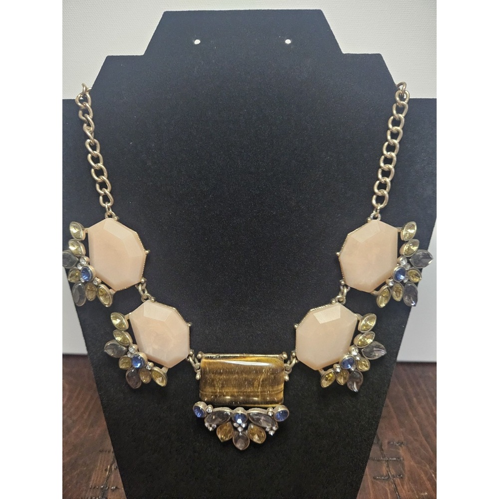 Chunky Gold Tone Peach Resin Geometric Bib Necklace Faux Tigers‎ Eye Rhinestone